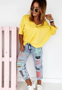 T-Shirt Oversize Z Dekoltem W Serek Cascade Zolty