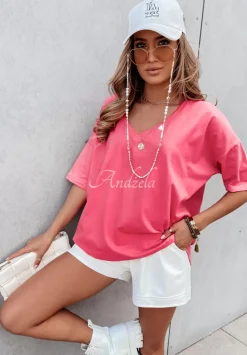 T-Shirt Oversize Z Dekoltem W Serek Cascade Rozowy