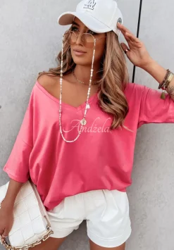 T-Shirt Oversize Z Dekoltem W Serek Cascade Rozowy