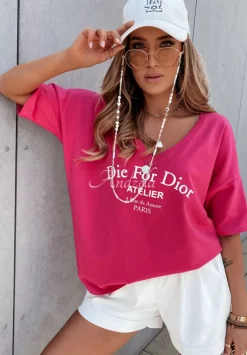 T-Shirt Oversize Z Nadrukiem Caver Neonowy Rozowy