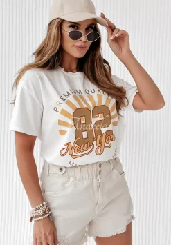 T-Shirt Z Nadrukiem New York Manhattan Ecru