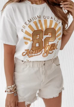 T-Shirt Z Nadrukiem New York Manhattan Ecru