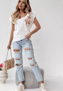 T-Shirt Z Naszytymi Kwiatami Pick Some Flowers Bialy