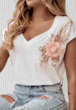 T-Shirt Z Naszytymi Kwiatami Pick Some Flowers Bialy