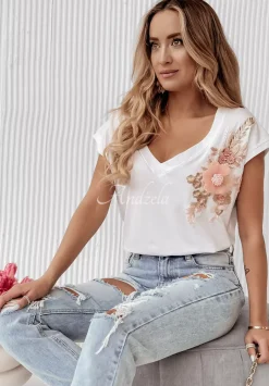 T-Shirt Z Naszytymi Kwiatami Pick Some Flowers Bialy