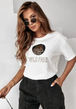 T-Shirt Z Ozdobna Aplikacja I Nadrukiem Wild Free Bialy