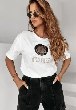 T-Shirt Z Ozdobna Aplikacja I Nadrukiem Wild Free Bialy