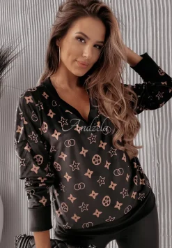 Welurowa Bluza We Wzory Colette Czarna