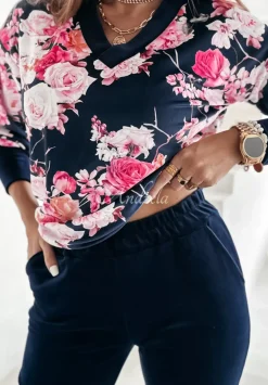 Welurowy Komplet W Kwiaty Flowers Queen Granatowy