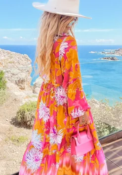 Wzorzysta Sukienka Maxi Fantasy Island Rozowo-Pomaranczowa