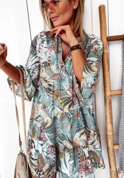 Wzorzysta Sukienka Mini Boho Mietowa