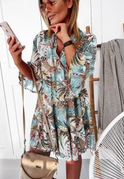 Wzorzysta Sukienka Mini Boho Mietowa